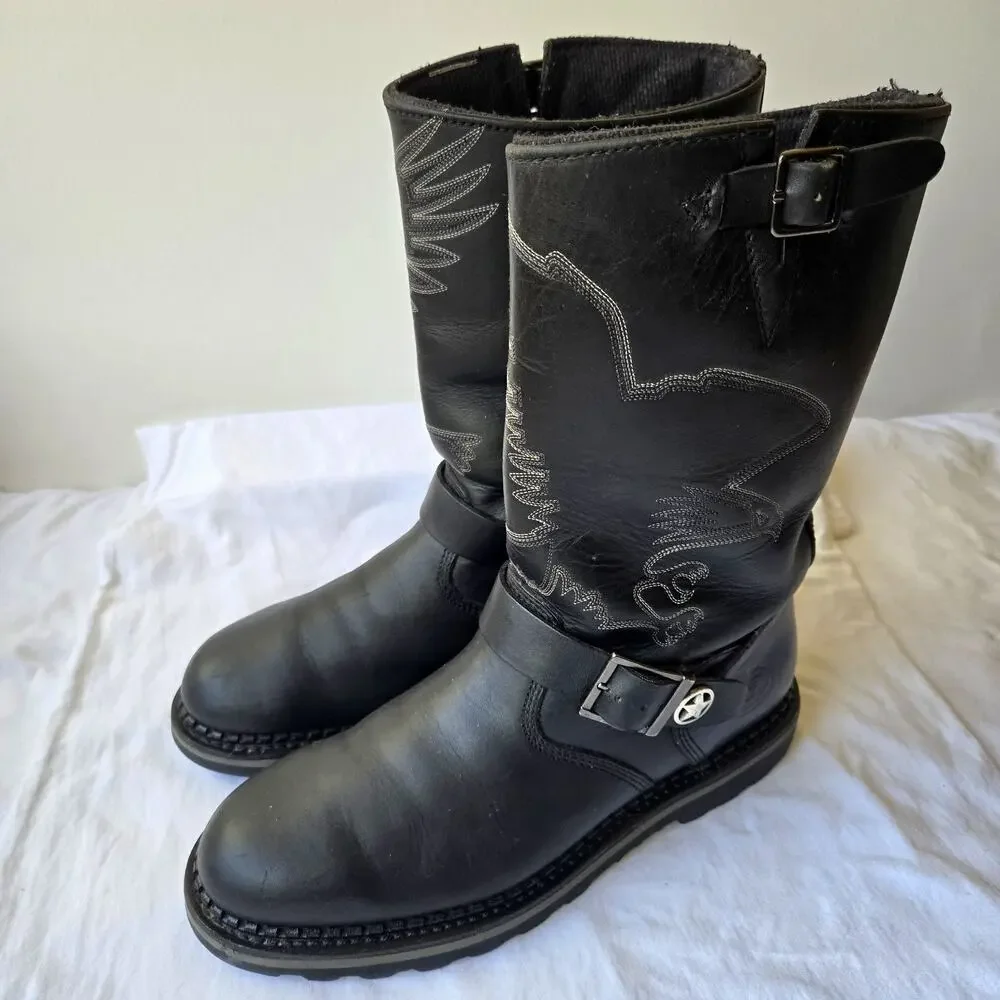 Georgia Boot Men's Black Leather Engineer Motor Bike Boots Eagle Detail Size 9